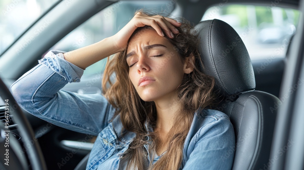 A tired woman is sitting in the driver's seat of her car, with one hand on her forehead, and has a stressed expression with her eyes closed. Her face shows the stress of driving A tired woman is sitting in the driver's seat of her car, with one hand on her forehead, and has a stressed expression with her eyes closed. Her face shows the stress of driving