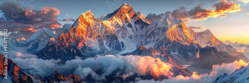 Stunning mountain range at sunrise with clouds and vibrant colors, showcasing the beauty of nature and majestic peaks.