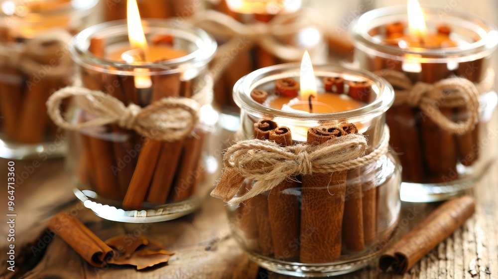 A cozy, rustic-themed candle display featuring cinnamon sticks A cozy, rustic-themed candle display featuring cinnamon sticks