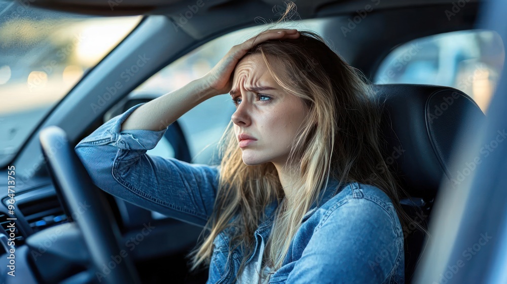 A tired woman is sitting in the driver's seat of her car, with one hand on her forehead, and has a stressed expression with her eyes closed. Her face shows the stress of driving A tired woman is sitting in the driver's seat of her car, with one hand on her forehead, and has a stressed expression with her eyes closed. Her face shows the stress of driving