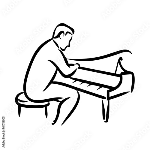 Piano player icon in a creative design, black and white, simple symbol representation 