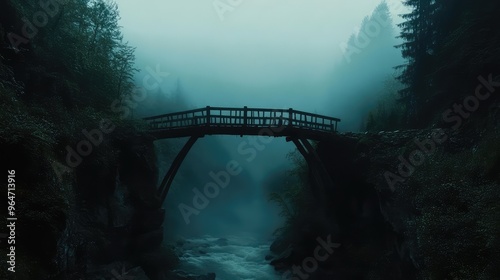 Misty ravine with an old, rickety bridge spanning across, the drop hidden by thick fog, cinematic shot emphasizing mystery and foreboding photo