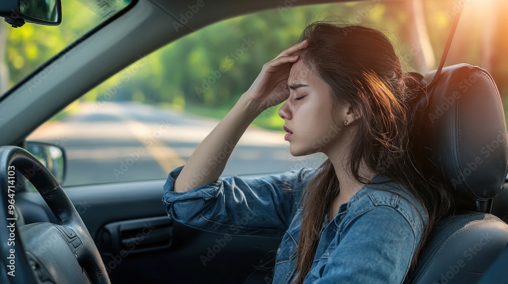 A tired woman is sitting in the driver's seat of her car, with one hand on her forehead, and has a stressed expression with her eyes closed. Her face shows the stress of driving A tired woman is sitting in the driver's seat of her car, with one hand on her forehead, and has a stressed expression with her eyes closed. Her face shows the stress of driving