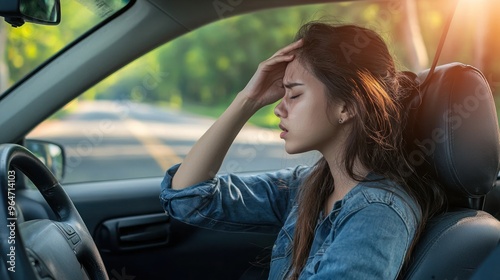 A tired woman is sitting in the driver's seat of her car, with one hand on her forehead, and has a stressed expression with her eyes closed. Her face shows the stress of driving