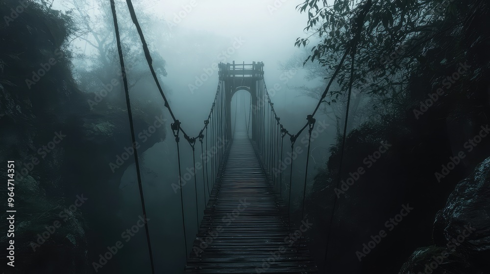 Obraz premium Narrow, creaky bridge over a fog-shrouded ravine, the mist hiding the abyss below, creating a cinematic sense of foreboding and introspection