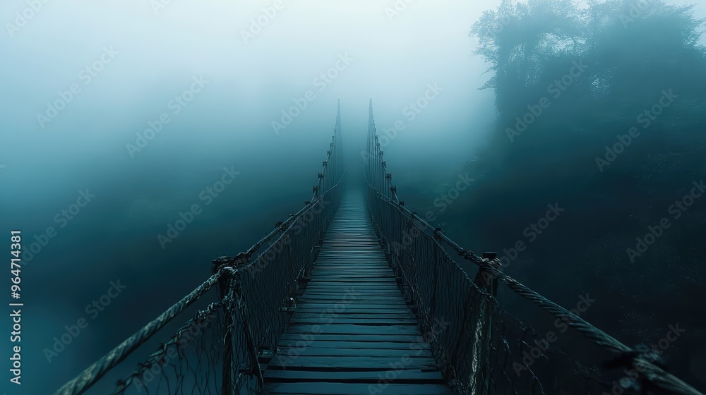 Obraz premium Narrow, creaky bridge over a fog-shrouded ravine, the mist hiding the abyss below, creating a cinematic sense of foreboding and introspection