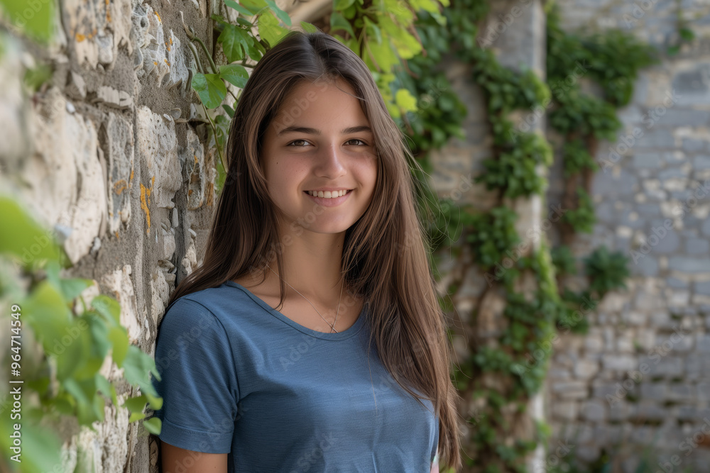 Lovely young brunette teenage girl, student with blue t-shirt with long straight hair leaning against a stone wall with green plants on it and a stone castle background, Lovely young brunette teenage girl, student with blue t-shirt with long straight hair leaning against a stone wall with green plants on it and a stone castle background,