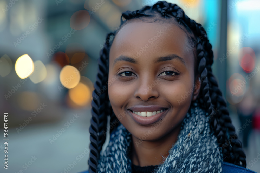 Attractive young Ethiopian woman with black braids wearing blue and grey, smiling at the camera in downtown Attractive young Ethiopian woman with black braids wearing blue and grey, smiling at the camera in downtown