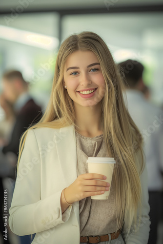 Photo of a young woman at an event, wearing a beige top and white blazer smiling holding a coffee cup in her hand looking at the camera, outside during night with some lights in the background