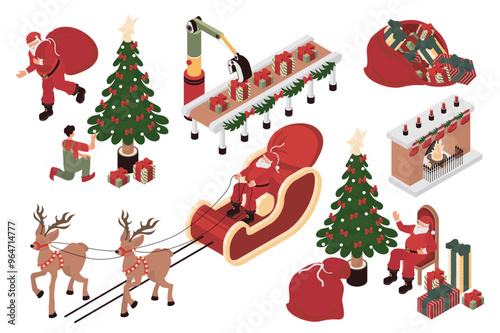 Christmas 3d isometric mega set in isometry graphic design. Collection elements of Santa Claus with gift bag, tree, festive tree, reindeers in sleigh, fireplace, presents, other. Vector illustration.