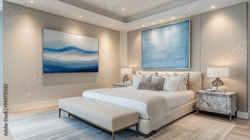 Bedroom with a large blue abstract painting, light beige and silver interior, recycled material murals, and marble accents, serene and calming design