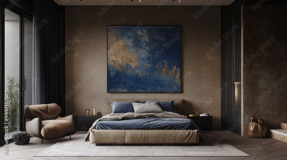 Contemporary bedroom design, large blue abstract painting on the wall, dark beige and gold decor, recycled material murals, calming atmosphere Contemporary bedroom design, large blue abstract painting on the wall, dark beige and gold decor, recycled material murals, calming atmosphere