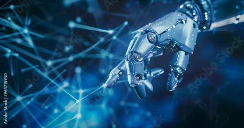 AI, Machine learning, Hands of robot and human touching on big data network connection background, Science and artificial intelligence technology, innovation and futuristic.