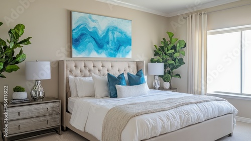 Elegant bedroom with a striking blue abstract painting, light beige walls, silver decor, and recycled material murals, creating a serene environment