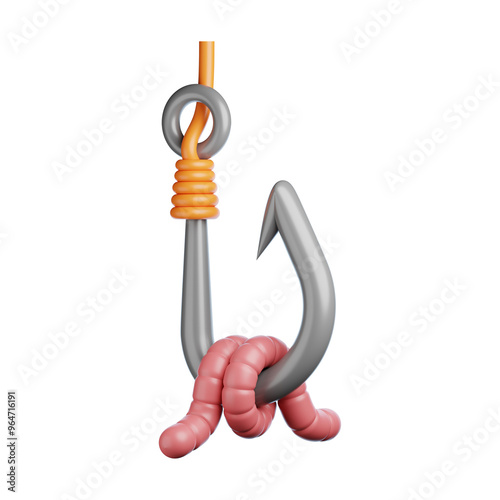 Premium fishing hook and worm icon 3d rendering on isolated background
