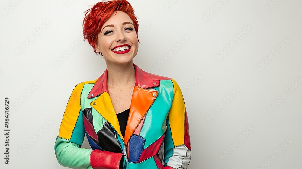 Smiling Redhead Woman in Colorful Patterned Jacket Smiling Redhead Woman in Colorful Patterned Jacket