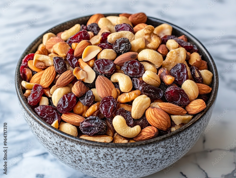 Bowl of mixed nuts and dried cranberries, brain-boosting snack, healthy and portable Bowl of mixed nuts and dried cranberries, brain-boosting snack, healthy and portable
