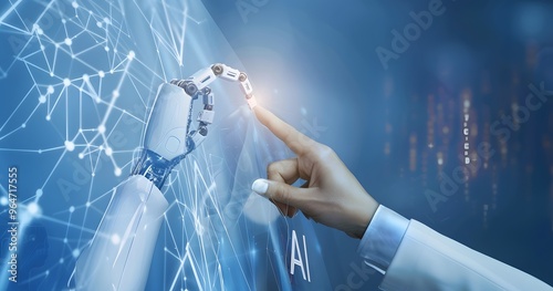 AI, Machine learning, Hands of robot and human touching on big data network connection background, Science and artificial intelligence technology, innovation and futuristic.