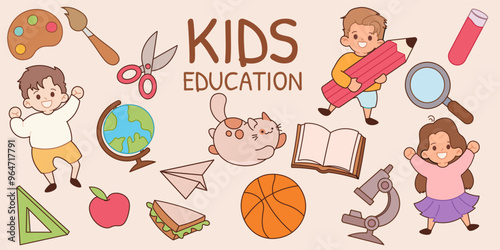 School kids. Child students, cute children book and pencil. Japanese study and science learn sketch. Basketball ball and globe. Stationery for boys and girls. Vector icons cartoon flat set