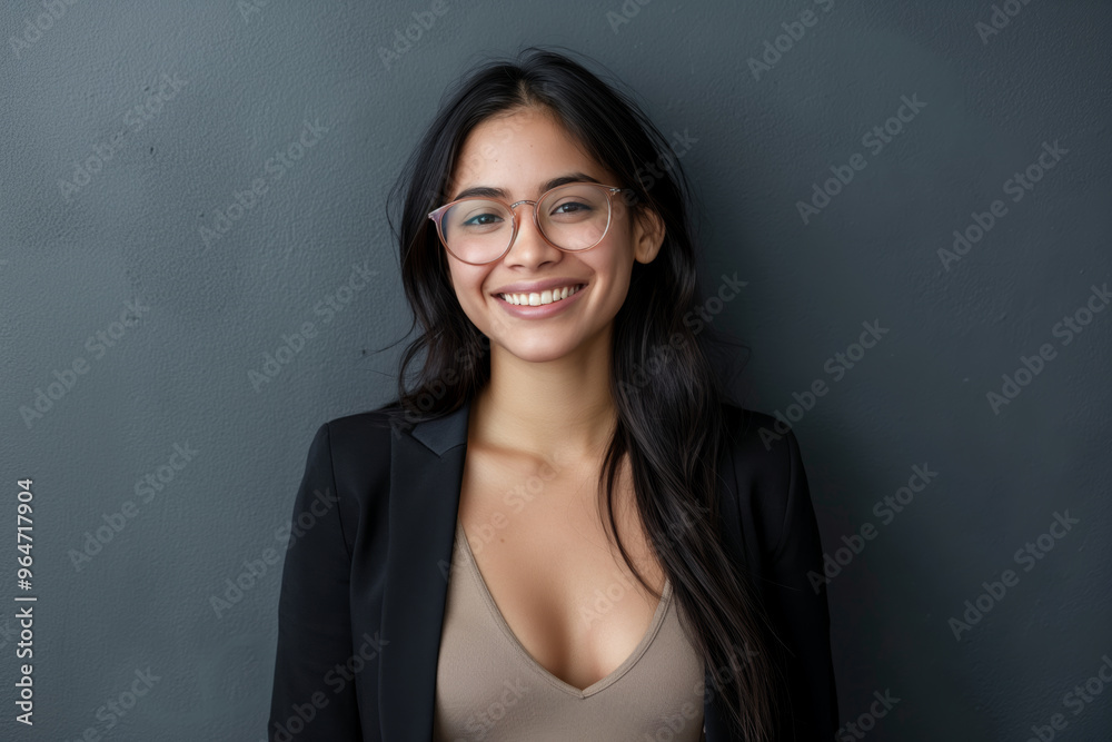 A woman with glasses is smiling and wearing a black jacket A woman with glasses is smiling and wearing a black jacket