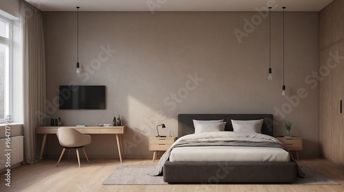 A neat and clean bedroom interior design with study area in the room, empty wall interior image for product display.
