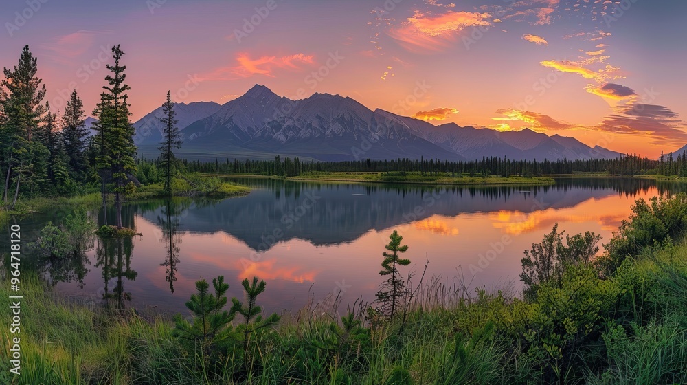 Fototapeta premium Majestic Mountain Landscape with Sunset Reflection on Calm Lake Surrounded by Forest and Clear Sky