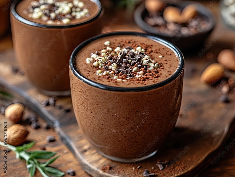 Chocolate smoothie with almond milk, cacao powder, and a sprinkle of hemp seeds, brain-boosting drink, indulgent and healthy Chocolate smoothie with almond milk, cacao powder, and a sprinkle of hemp seeds, brain-boosting drink, indulgent and healthy