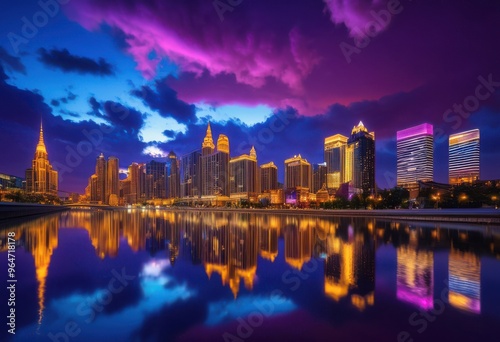 vibrant city skyline twilight showcasing brilliant lights colorful illuminations evening sky, architecture, buildings, cityscape, citylights, citynight photo