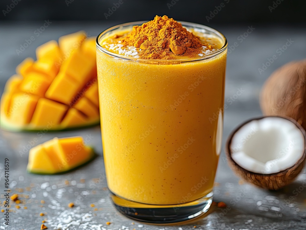 Coconut milk smoothie with mango and turmeric, brain-boosting drink, creamy and anti-inflammatory Coconut milk smoothie with mango and turmeric, brain-boosting drink, creamy and anti-inflammatory