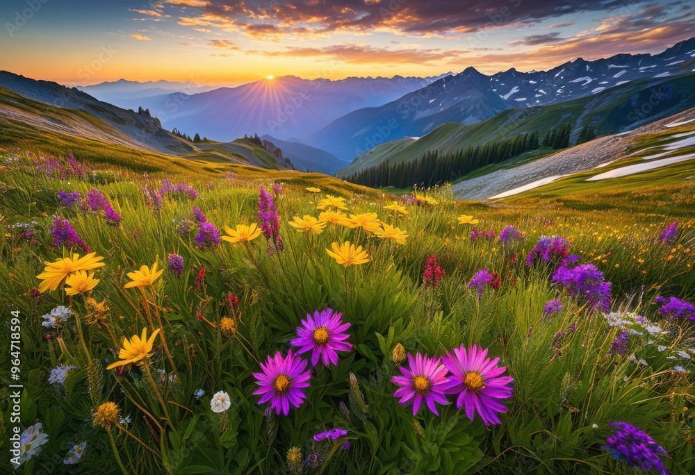 Obraz premium breathtaking mountain vistas adorned vibrant wildflowers full bloom clear blue sky, adventure, alpine, beauty, blooming, cloud, colorful, exploration
