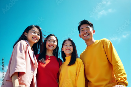 A group of four friends dressed in colorful outfits, smiling happily under a clear blue sky. The bright sunlight and carefree mood capture the essence of joy and friendship.
