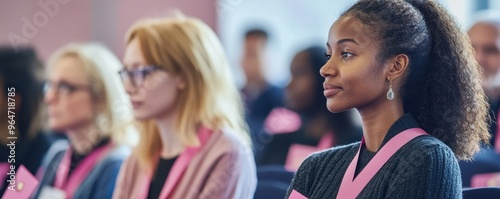 Breast cancer awareness seminar with diverse attendees, pink ribbons on display, copy space