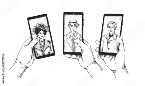 Vintage mobile phone. Hand with old Victorian people portraits. Retro couple photo with gentleman and lady. Smartphone screen. Arm holding device. Aristocrat faces. Vector gadgets set
