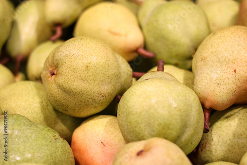 Ripe Pears Displayed at Grocery Store Market