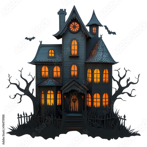 Wallpaper Mural Eerie haunted house with glowing windows at night, perfect for Halloween themes and spooky visuals. Torontodigital.ca