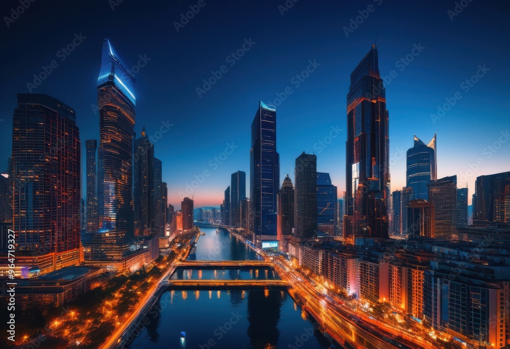 Obraz premium vibrant cityscapes dusk showcasing dazzling lights colorful skies filled urban energy architectural beauty, skyline, architecture, buildings, horizon, sunset