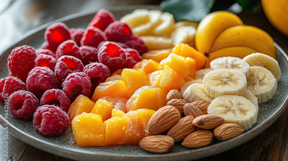 Colorful plate of mixed fruits and nuts, brain-stimulating snack, healthy and natural energy boost Colorful plate of mixed fruits and nuts, brain-stimulating snack, healthy and natural energy boost