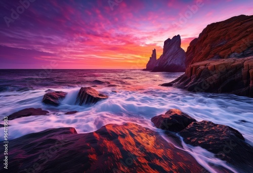 stunning twilight view seaside cliffs crashing waves vibrant sky colors, breathtaking, charm, coast, coastal, dramatic, dusk, enchanting, environment