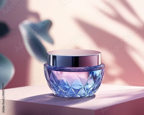 Crystal-cut bottle resembling a gemstone for luxury face cream, faceted sides, reflective glass, shiny metallic lid, premium feel