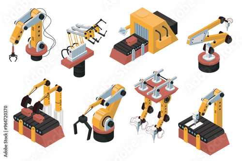 Robot automation 3d isometric mega set in isometry graphic design. Collection elements of different types robotic arms and tools for automatic manufacturing and conveyer lines. Vector illustration.