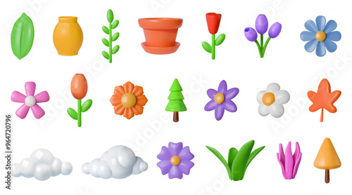 3d flower stickers. Y2K cute daisy pastel render isolated elements, trendy 00s plastic bloom. Summer baby fashion. Chamomile and tulip blooming, grass and clouds. Vector icon cartoon botany set