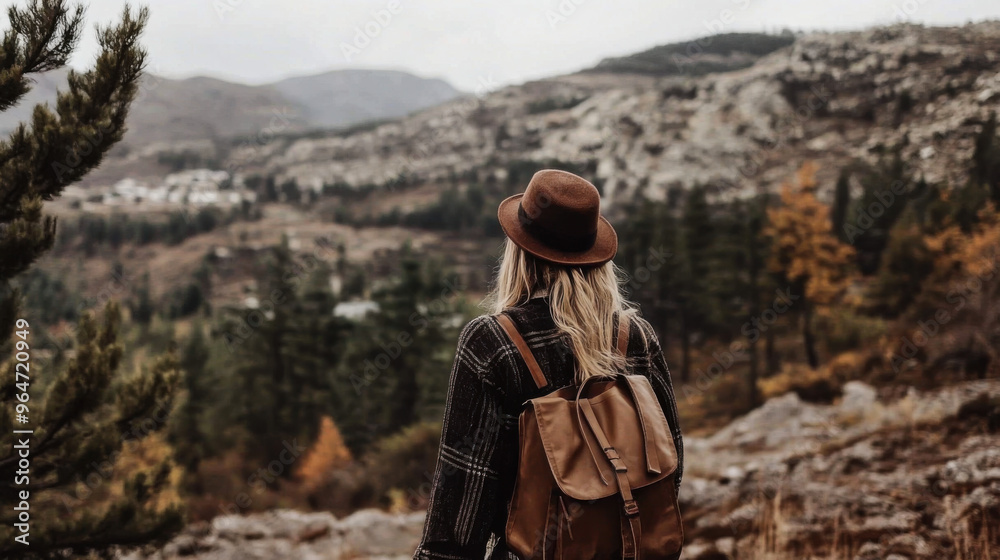 Woman exploring a scenic landscape with mountains and autumn foliage, enjoying nature's tranquility in the afternoon light
