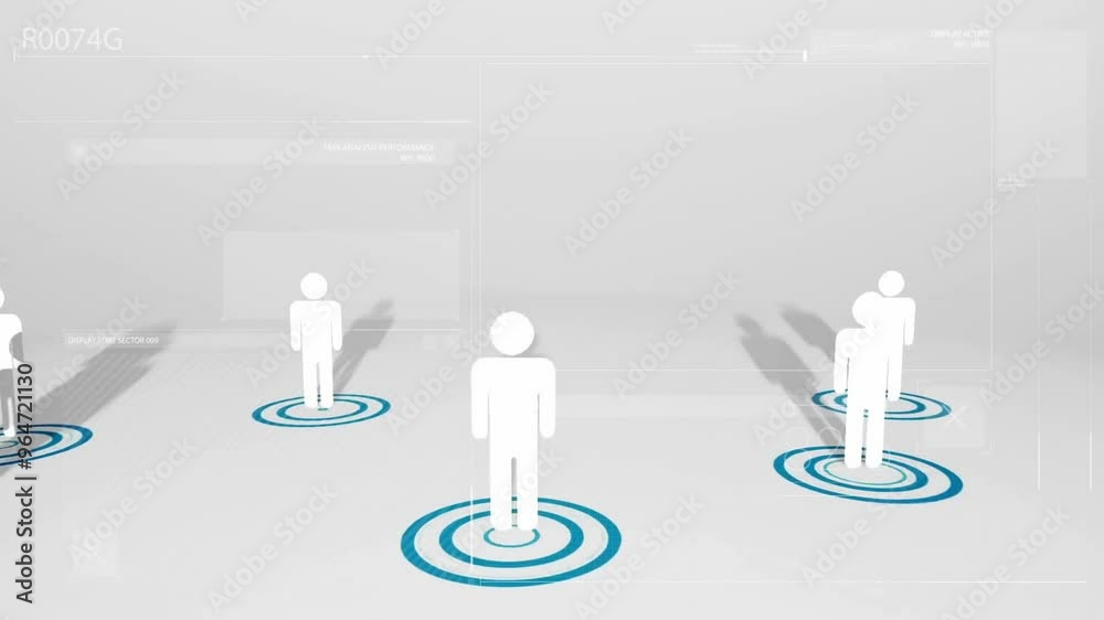 Animation of digital data processing and network of connections with people icons