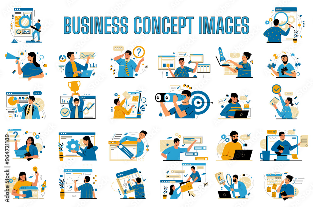 © SpicyTruffel - Business concept. Corporate management. Startup and project presentation. Teamwork brainstorm. Job discussion. Software development. Businessmen communication. Vector company managers set © SpicyTruffel - Business concept. Corporate management. Startup and project presentation. Teamwork brainstorm. Job discussion. Software development. Businessmen communication. Vector company managers set