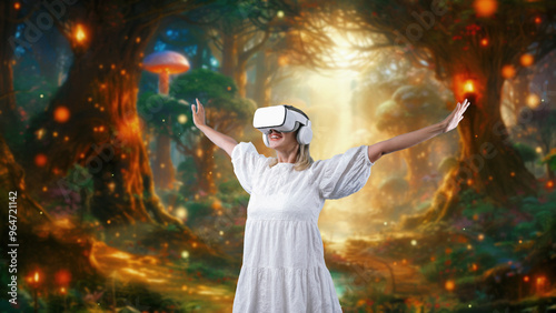 Excited woman wearing VR with stretching arms getting fresh air in wonderland fairytale forest bokeh neon falling in meta world like jungle wildflower landscape at fantasy warm sunlight. Contraption. photo