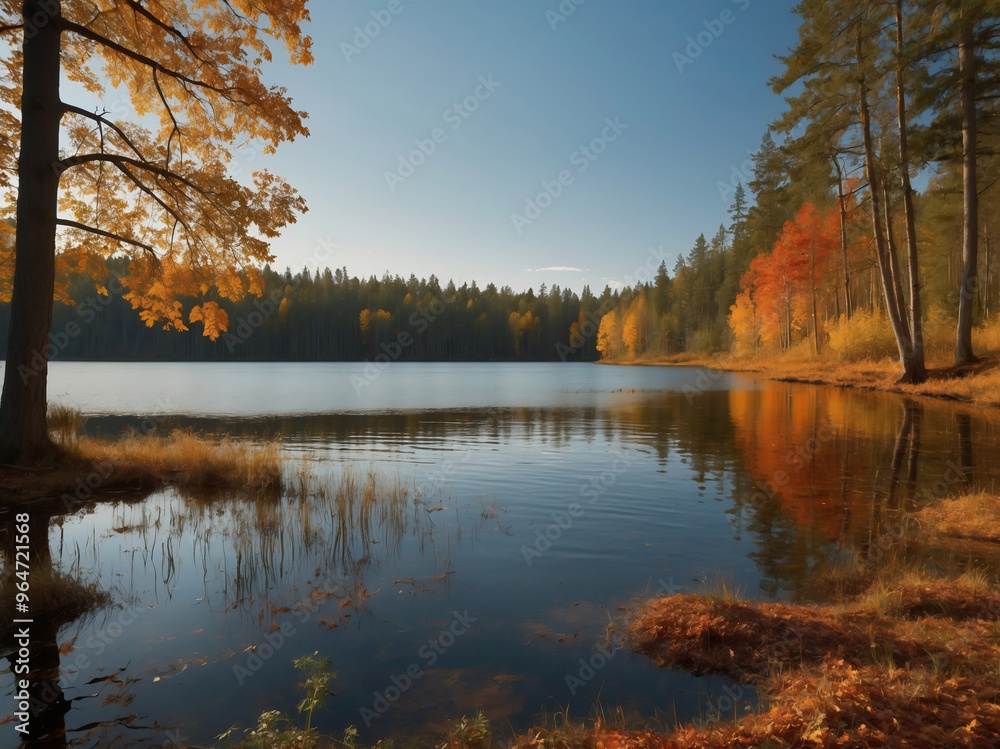 Fototapeta premium Peaceful autumn lake with golden trees reflecting in calm water under clear blue sky