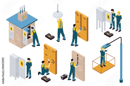 Technician electrics 3d isometric mega set in isometry graphic design. Collection elements of transformer booth, lamp repair, cables fixing, wiring, electrician service, other. Vector illustration.