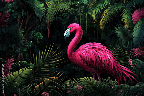 Pink flamingo standing in lush tropical rainforest