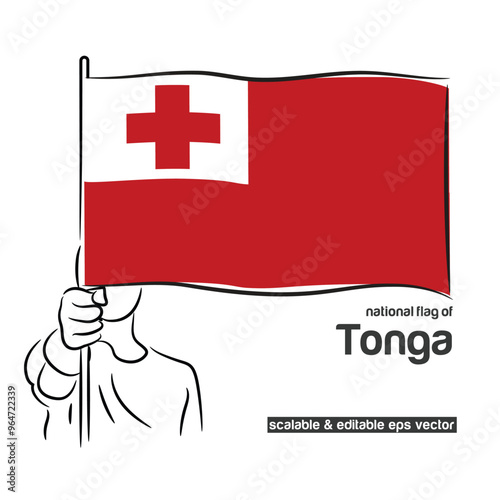 Scalable and editable eps vector Outline line stroke contour art of person hand fist holding national waving flag of Tonga photo