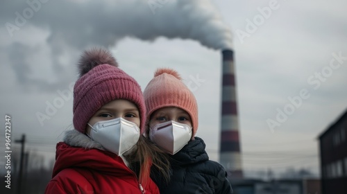 Children Wearing Masks Near Industrial Pollution